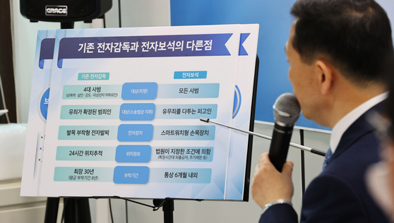 3일 오전 서초구 서울고검 의정관에서 강호성 법무부 범죄예방정책국장이 '전자장치부착 조건부 보석(전자보석)'제도 시행 관련 브리핑을 하고 있다. [연합뉴스]