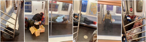 뉴욕 지하철에서 잠을 자는 노숙자들. [연합뉴스]