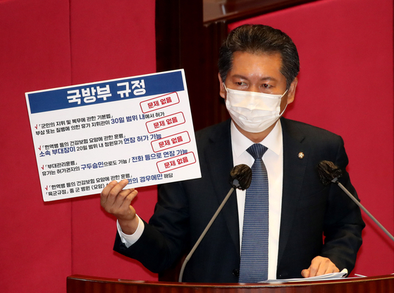 In a political questionnaire conducted in the main assembly hall of the National Assembly on the 14th, Chung Cheong-rae, a member of the Democratic Party, asks Prime Minister Jeong Sye-gyun about the suspicion of preferential vacations while serving in the military, the son of the Minister of Justice, Chu Mi-ae.  Representative Jung holds up a poster based on the clarification from the Ministry of Defense that Seo's vacation is not a problem due to regulations. [뉴스1]