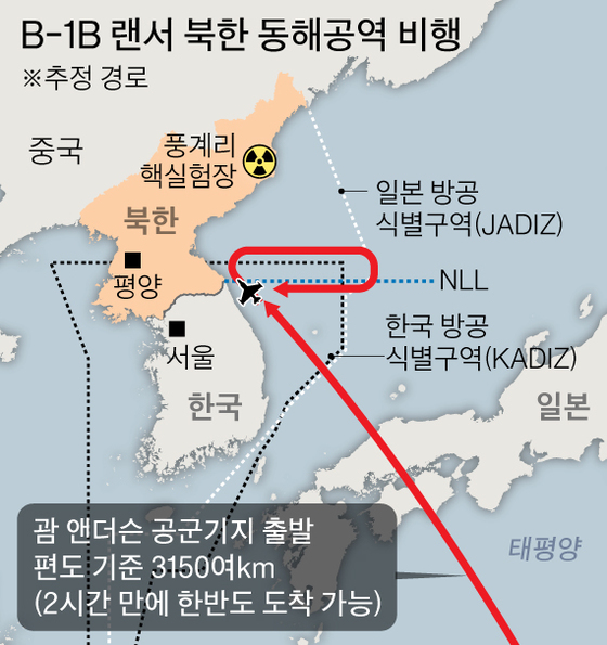 2017년 9월 25일 B-1B 랜서 북한 동해공역 비행 경로. 그래픽=박경민 기자 minn@joongang.co.kr