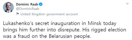 British Foreign Minister Dominic Rab tweeted criticizing Lukasenko's inauguration. [트위터 캡처]