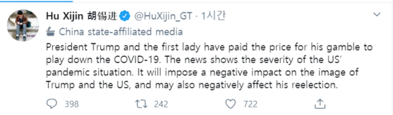     Hu Si-jin, editor-in-chief of China's state-run Hwangu Times, criticized on his Twitter on the 2nd that 