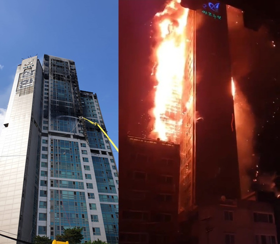 Fire in a 33-story residential-commercial apartment in Ulsan.  Photo by JoongAngYonhap News