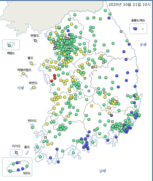 National ultrafine dust concentration data at 10 am on the 21st. Most of the western regions, centered on the west coast of Chungcheongnam-do, showed a concentration of 