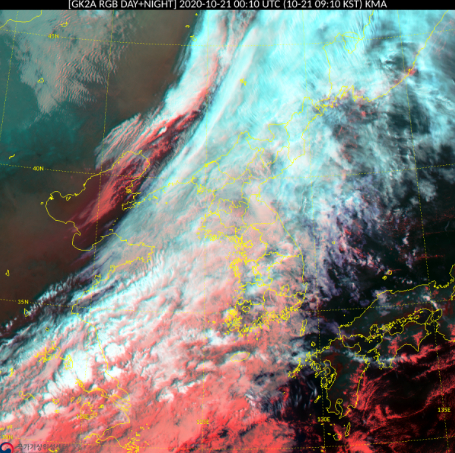 On the morning of the 21st, the cloud belt covering the Korean peninsula was wide.  Rain clouds are expected to move gradually eastward and rain from the afternoon of the 21st. Meteorological Materials Agency