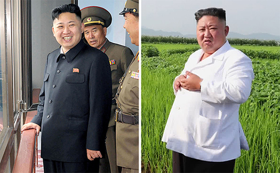 The chairman of the North Korean State Council, Kim Jong-un, in 2012 (left) and recently (right).  Eight years ago it was 90 kilograms and increased from 6 to 7 kilograms every year, and now it is in the range of 140 kilograms, but the National Intelligence Service estimates that there is no major health problem. [연합뉴스]