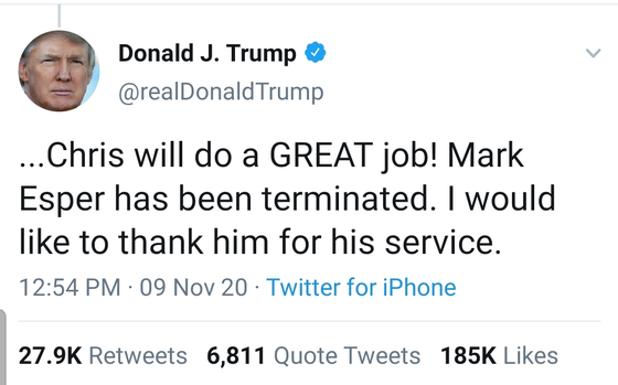 President Trump denounced Defense Minister Esper with a tweet.