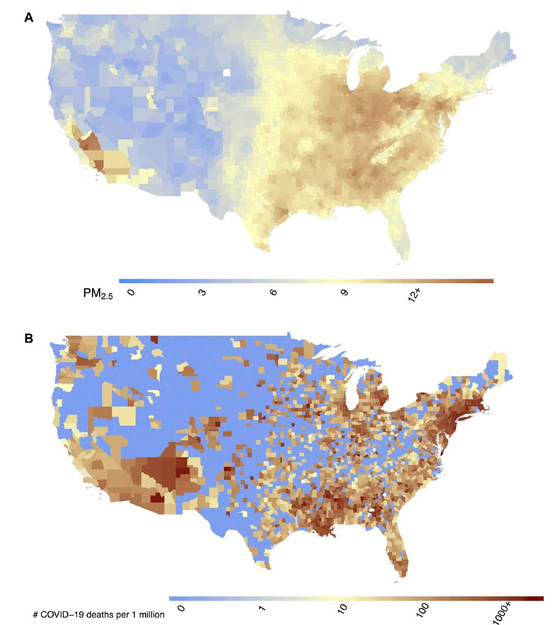 Comparison of ultrafine dust concentration (A) and COVID-19 death rate per 1 million people (B).  Source: Harvard University TH Chan Graduate School of Public Health