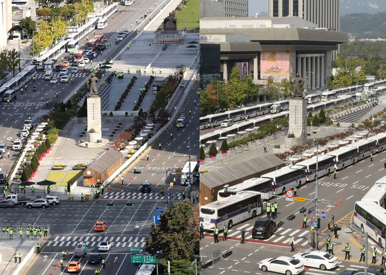 The car wall was installed around Gwanghwamun Square on October 3, Gaecheon Day (right), and the car wall was installed around Gwanghwamun Square on Hangeul 9th.  News 1