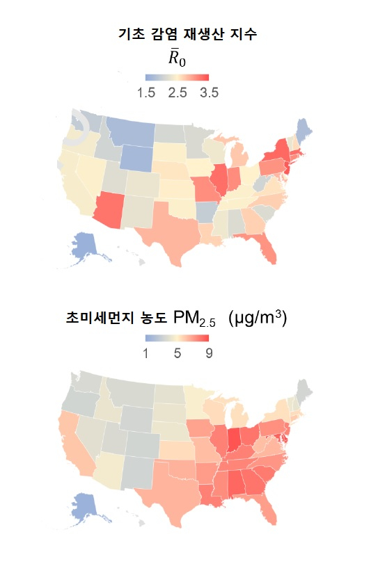 Comparison of COVID-19 Basic Infection Reproduction Index (Ro) Distribution and Ultrafine Dust Exposure Concentration (2000-2017 Average) by State in the US Source: University of Washington, USA. USA