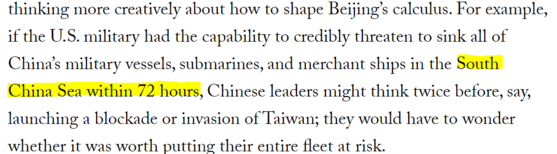 He insisted that the United States should have a strong deterrent to defeat the Chinese military in the region so that the Chinese leadership would not be mistaken. [포린 어페어스 캡처]