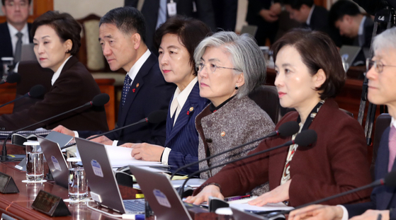 Justice Minister Chu Mi-ae (third from left) attends the State Council.  From left to right, Minister of Land, Infrastructure and Transport, Kim Hyun-mi, Minister of Health and Welfare, Park Neung-hoo, Chu, Minister of Foreign Affairs Kang Kyung-hwa and Deputy Prime Minister of Social Affairs, Yu Eun-hye.  Yunhap news