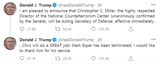 On the 9th (local time), the President of the United States, Donald Trump, published a post on Twitter in which he said that he had removed the Minister of Defense, Mark Esper. [트위터 캡처]