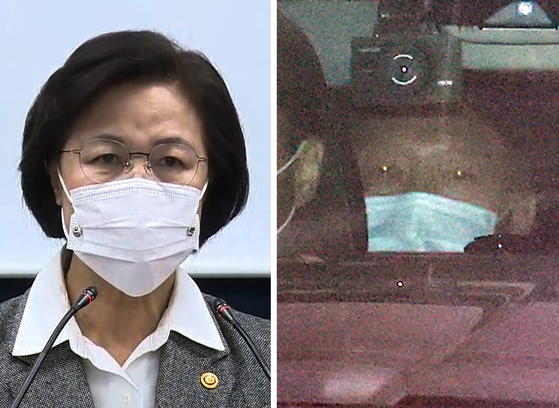 Attorney General Yoon Seok-yeol leaves his job at the Supreme Prosecutor's Office on the 24th (photo on the right).  Earlier, Justice Minister Chu Mi-ae revealed the policy of requesting disciplinary action against President Yoon and exclusion from duties in the press room of the Seoul Senior Prosecutor's Office (pictured left) .[연합뉴스]