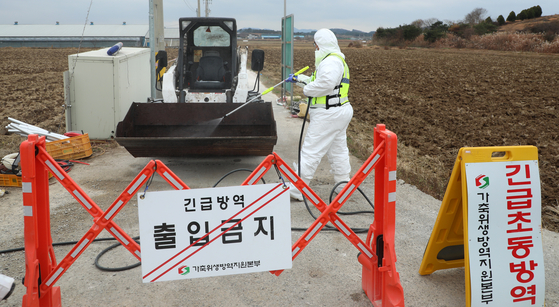 In the vicinity of the duck farm in Jeongeup city, Jeollabuk-do, where highly pathogenic avian influenza (AI) occurred on the 29th, quarantine officials monitor access and disinfect all visitors and vehicles.  News 1