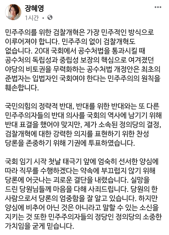 Justice Party legislator Jang Hye-young only voted against the amendment to the Air Transport Law on the 10th. On that day, the party's argument was in favor. [페이스북 캡처]