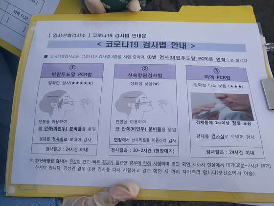 An examination method guide delivered by the temporary screening clinic set up in front of Seoul Station on the 14th. Reporter Moonhee Wi