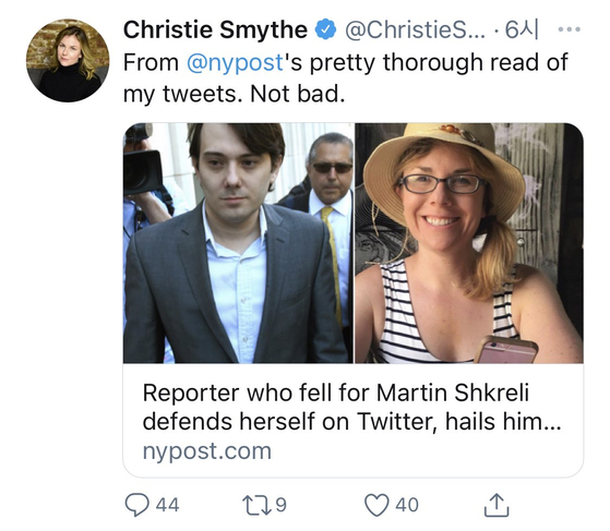 The Twitter of Christy Smid, who posted an article reporting the story of him and Martin Shkrely.  Twitter Capture