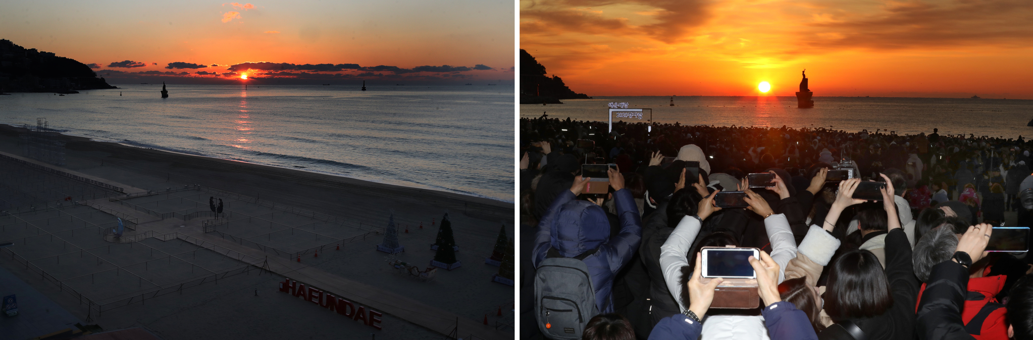 The first year of 2021 gets up on the morning of day 1 at Haeundae Beach in Busan.  On the right, Haeundae Beach is packed with crowds at sunrise in 2020. News 1