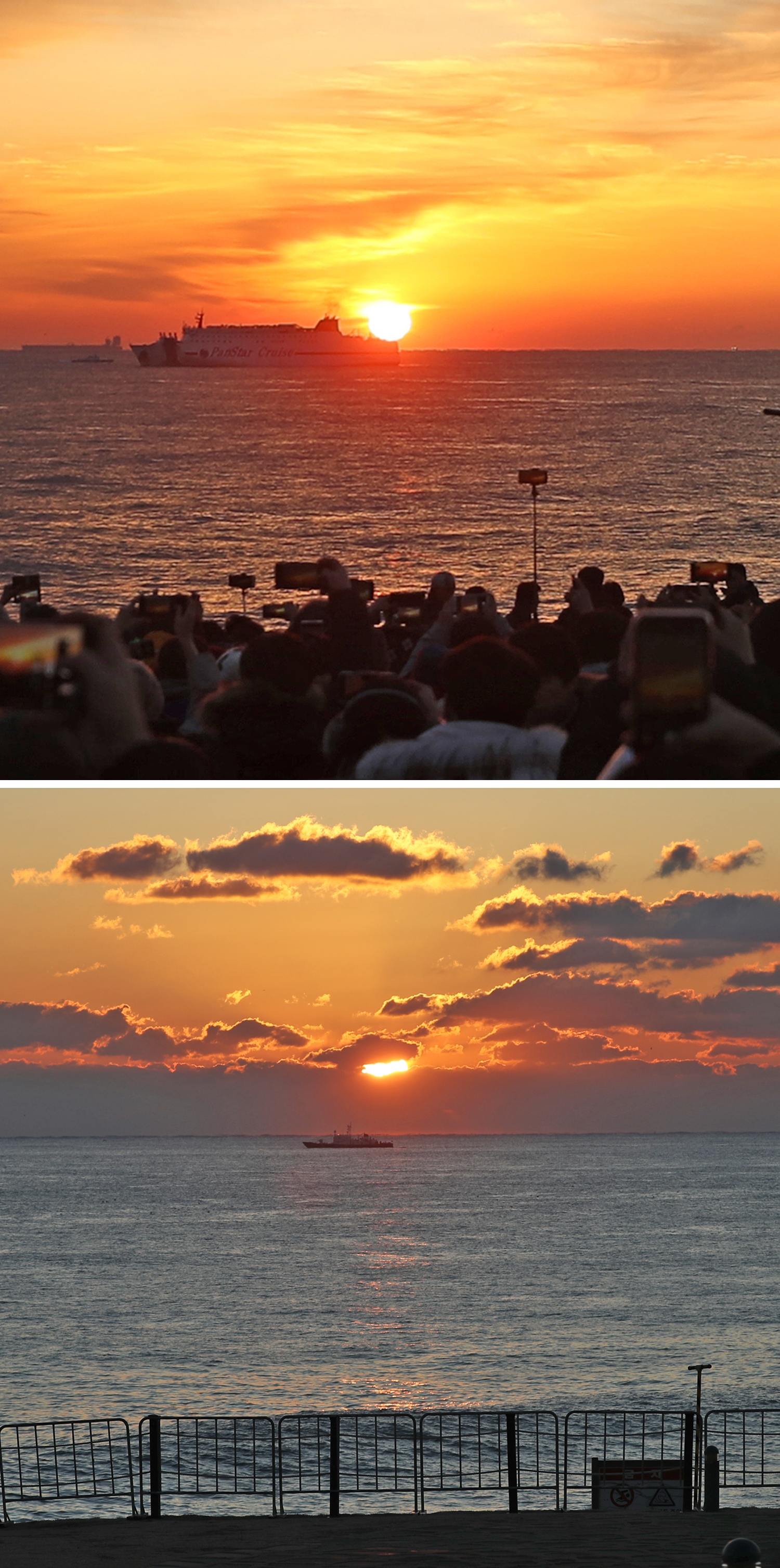 Ganjeolgot, Ulju-gun, the city of Ulsan was closed to prevent the spread of Corona 19. On the morning of the first day, Ganjeolgot's picture was empty (bottom) and crowded on January 1, 2020 (top).  Yunhap news