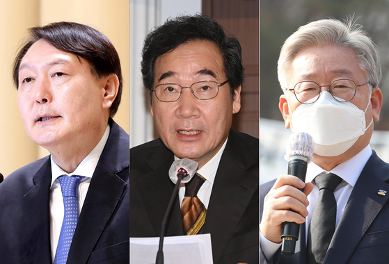 Attorney General Yoon Seok-yeol (left), Democratic Party Representative Lee Nak-yeon (center), and Gyeonggi-do Governor Lee Jae-myeong (right).  Yonhap News News1 Newsis