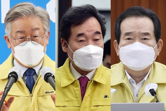 Gyeonggi Governor Lee Jae-myeong, Democratic Party Chairman Lee Nak-yeon, and Prime Minister Jeong Sye-gyun (from left) [연합뉴스]