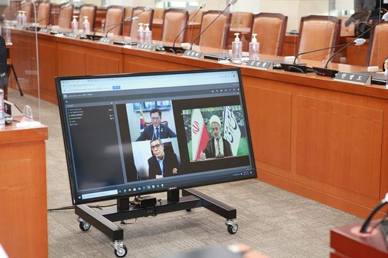 Videoconference between the president of the National Assembly, Song Young-gil, and the president of the National Security Council, Moztapa Zolnuri, and the Iranian parliament [송영길 위원장 제공]