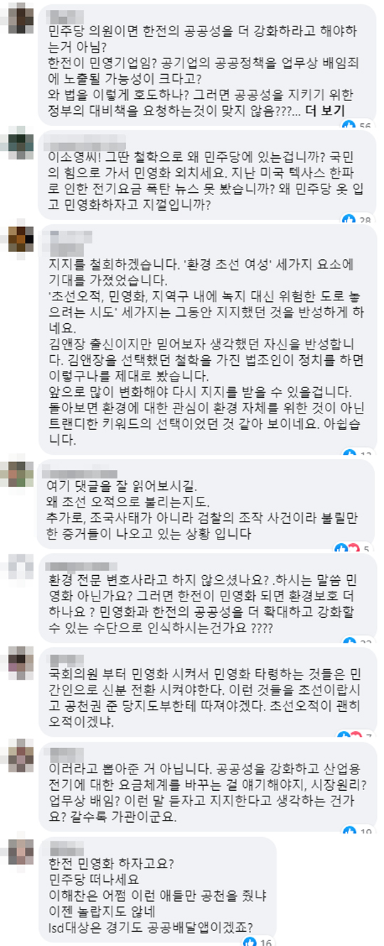 이소영 더불어민주당 의원 페이스북에 올라온 댓글. 페이스북 일부 캡처