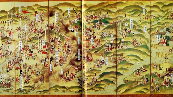 1575년 나가시노 전투를 그린 병풍 그림. 『도설 오다 노부나가』(2002·도쿄 발행)에서.