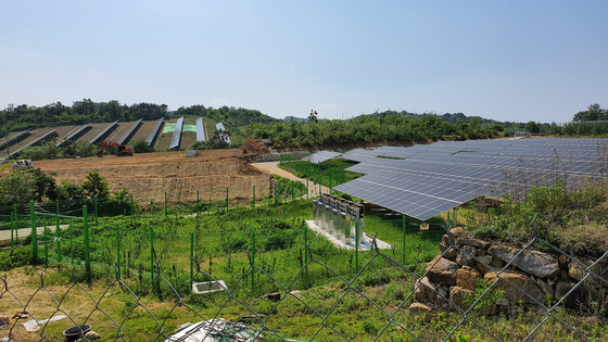 지난 5월 경북 군위의 태양광 발전소 모습. 기존 발전소 인근에 새로 태양광 발전소를 만들고 있다. 강주안 기자