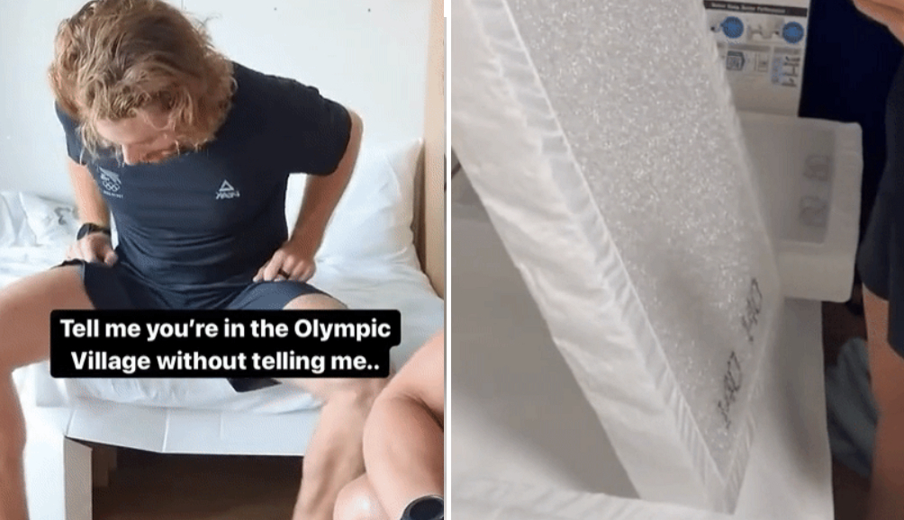 뉴질랜드 대표팀 공식 SNS에 올라온 골판지 침대 영상 캡처본. 조정 대표 숀 커크햄이 앉자 가운데가 푹 꺼진 모습이 담겼다. 인스타그램 캡처